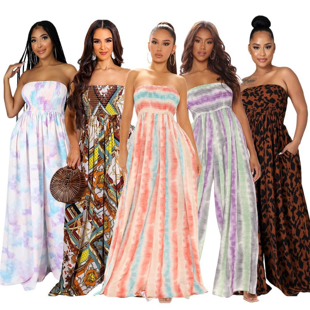 Women wearing a loose wide-leg tube top jumpsuit by Showlu Fashion, perfect for summer, featuring a relaxed fit and stylish design.
