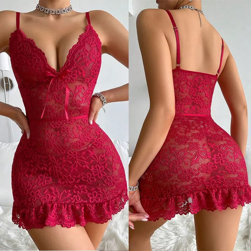 Women’s floral lace mini dress by Showlu, sleeveless and backless erotic nightwear with transparent, sexy floral lace design.