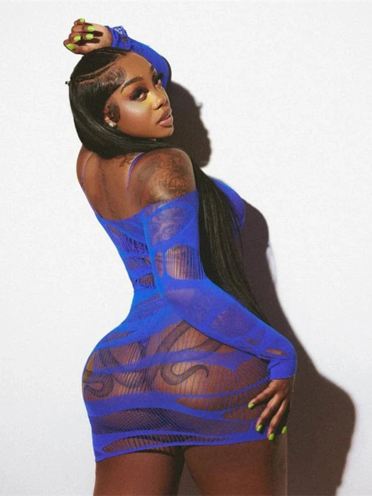 Sexy women's lace hollow-out mini dress by SHOWLU FASHION, featuring see-through details and bodycon fit for a stylish look.