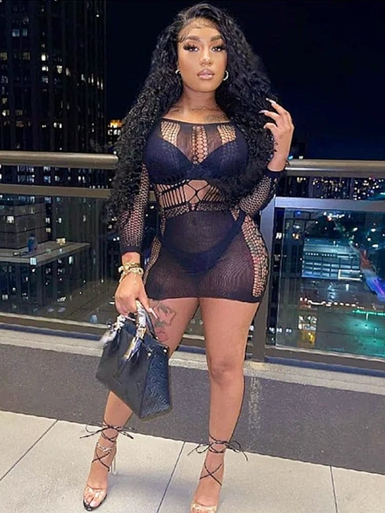 Sexy SHOWLU FASHION STORE women's lace hollow-out mini dress, see-through sheath babydoll with intricate lace details.
