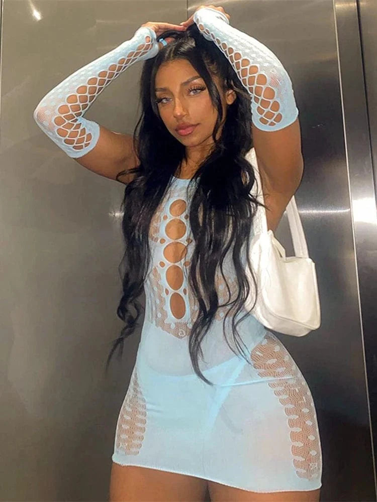 Women’s lace hollow-out mini dress by SHOWLU FASHION STORE, featuring a sexy see-through sheath design and intricate lace details.