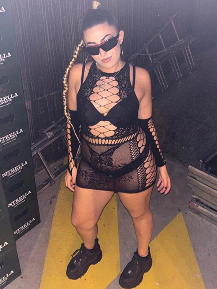Sexy WOAIXDDC women's lace hollow out mini dress by SHOWLU FASHION, featuring see-through lace, bodycon fit, and seductive style.