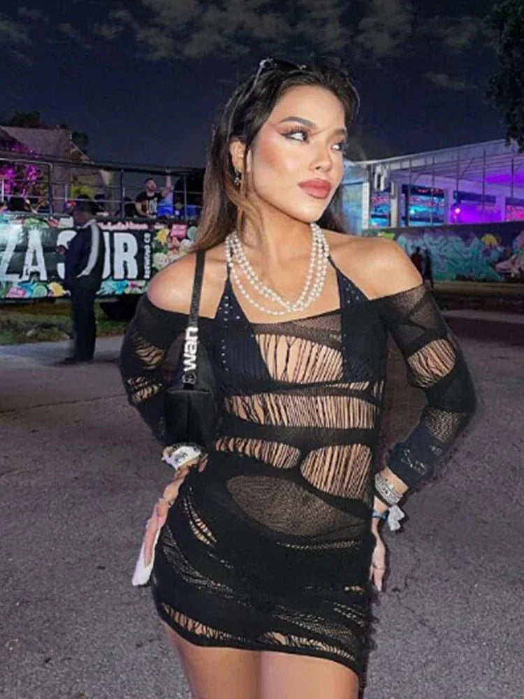 Sexy women's lace hollow out mini dress by SHOWLU FASHION, featuring see-through design, bodycon fit, and delicate lace details.