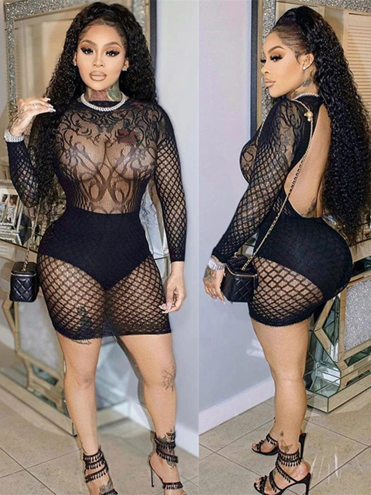 Women’s sexy lace hollow out mini dress by SHOWLU FASHION STORE, featuring a see-through sheath design and bodycon fit.