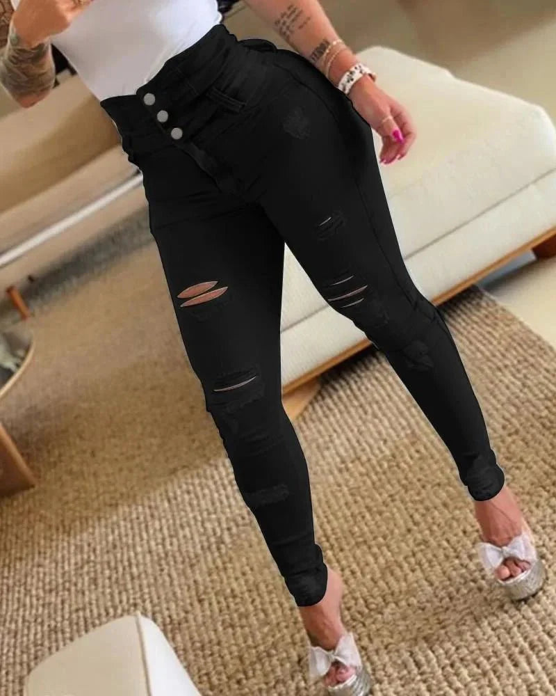 Women’s high waist skinny shaping jeans by Showlu Fashion, distressed denim with push-up and lift features, slim fit and stylish.