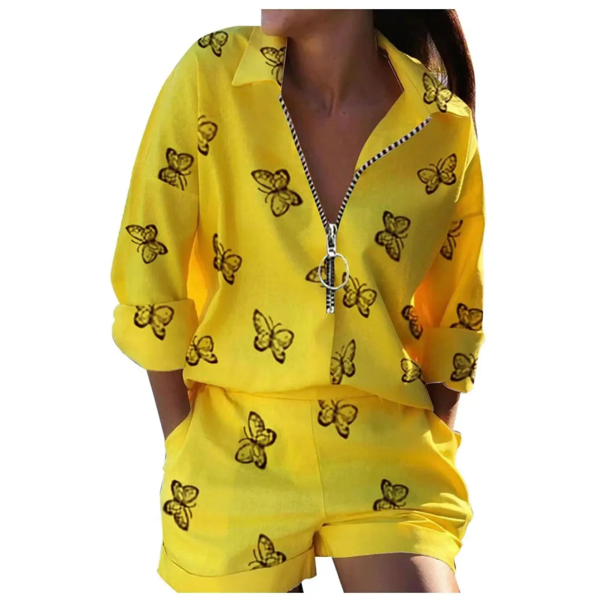 Women's summer print short set with loose pullover, turn-down collar, and pencil pants, featuring casual pockets and zipper details.