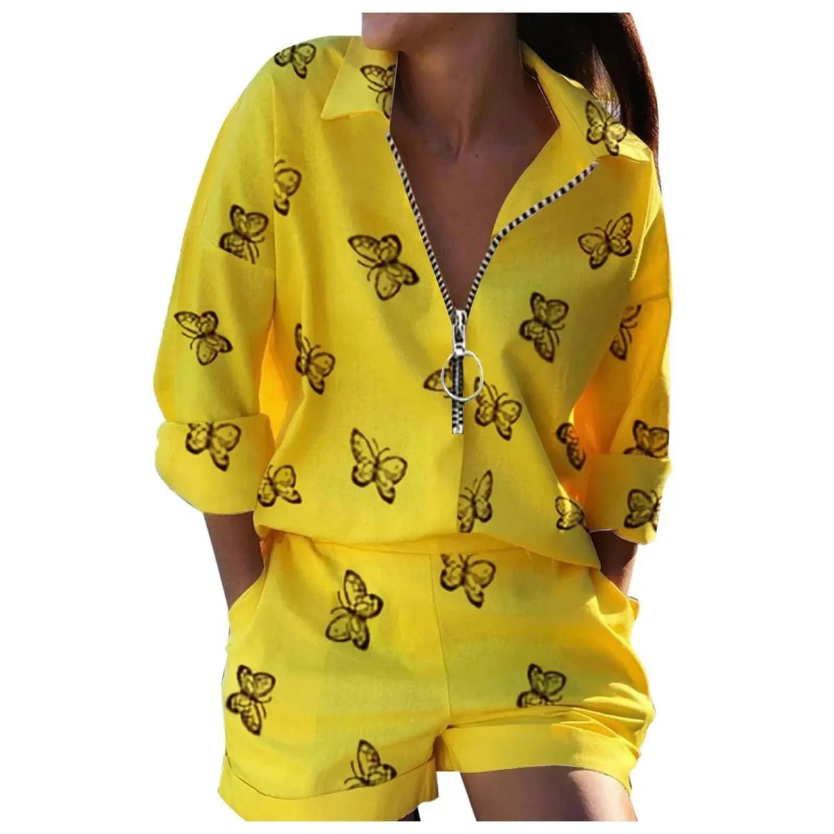 Women's summer print short set with loose pullover and pencil pants, featuring turn-down collar, zipper, pockets, and casual style.