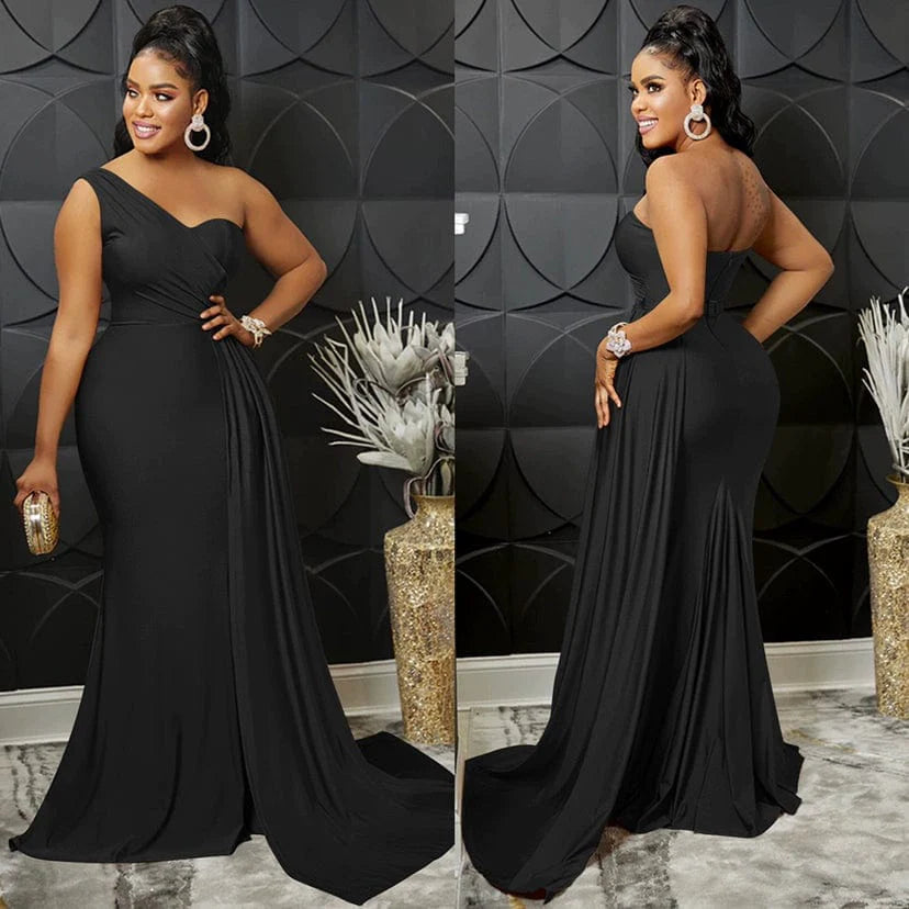 Women wearing SHOWLU Women's One Shoulder Solid Maxi Party Dress, perfect for summer events and elegant occasions.