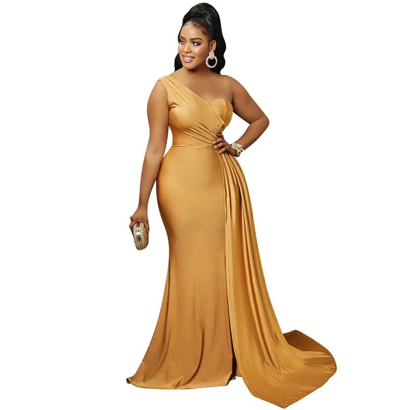 SHOWLU Women's one-shoulder solid maxi party dress for summer, featuring a flowing long robe style and elegant design.