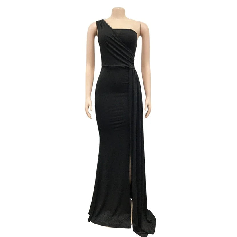 Women's SHOWLU solid one-shoulder maxi party dress, summer long robe with elegant flowing design and stylish fit.