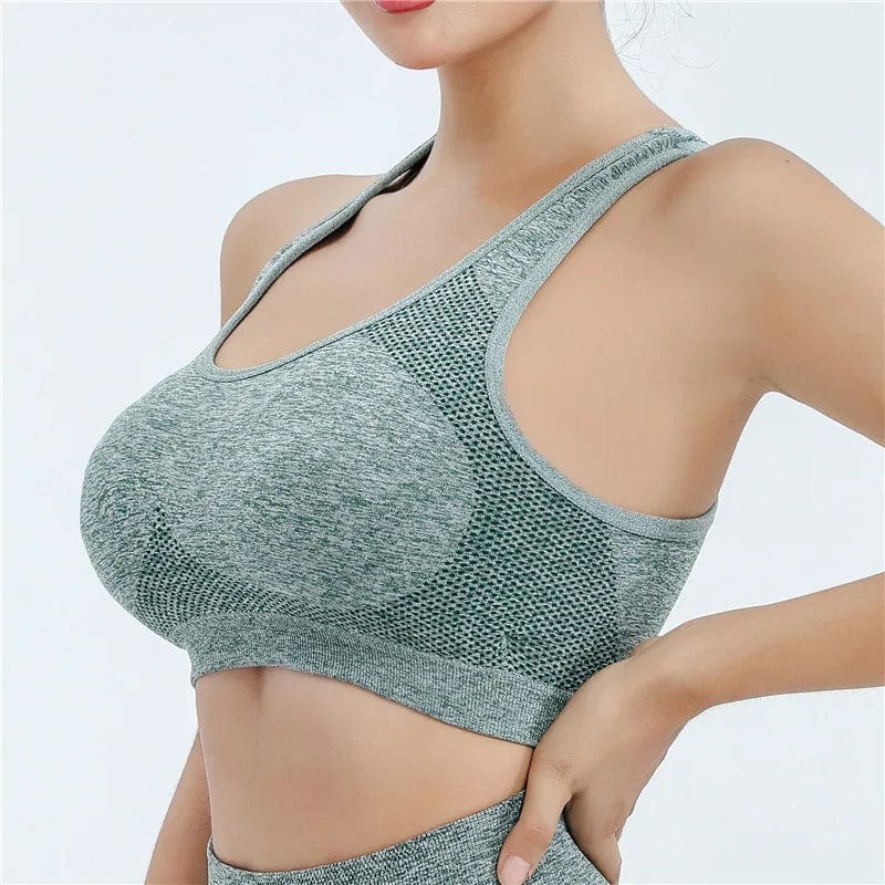 Women’s breathable polyester push-up yoga sports bra by Showlu Fashion, designed for fitness, running, and gym workouts.