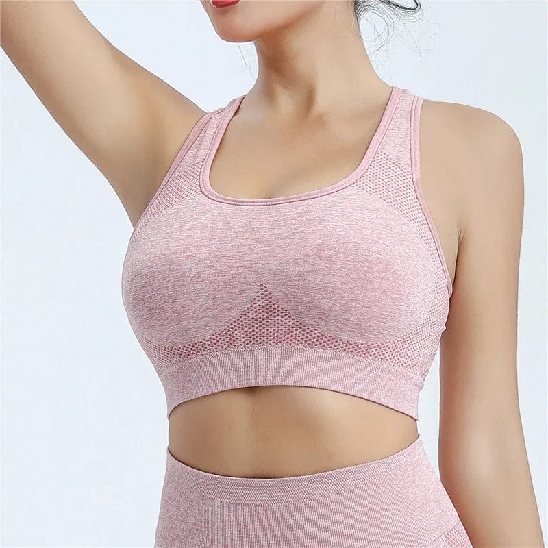Women’s breathable polyester push-up yoga sports bra with supportive fit, ideal for fitness, running, and gym workouts.