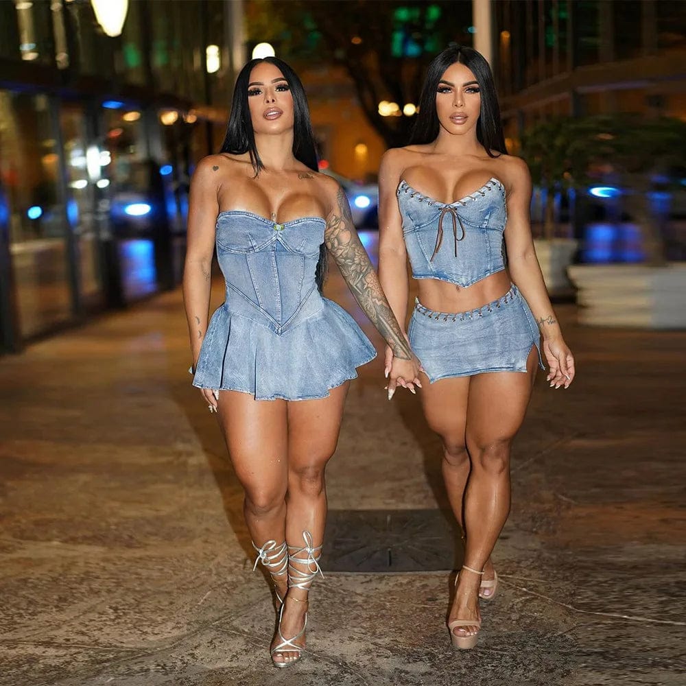 Women's backless ruffle denim mini dress by SHOWLU FASHION STORE, featuring a sexy blue wash, wrap design, and zipper detail.