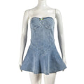 Women's backless ruffle denim mini dress by SHOWLU, featuring a sexy blue skater style with a zipper and elegant wash.