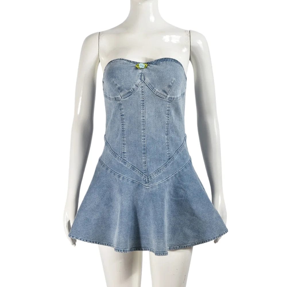 Women's backless ruffle denim mini dress by SHOWLU, featuring a sexy blue skater style with a zipper and elegant wash.