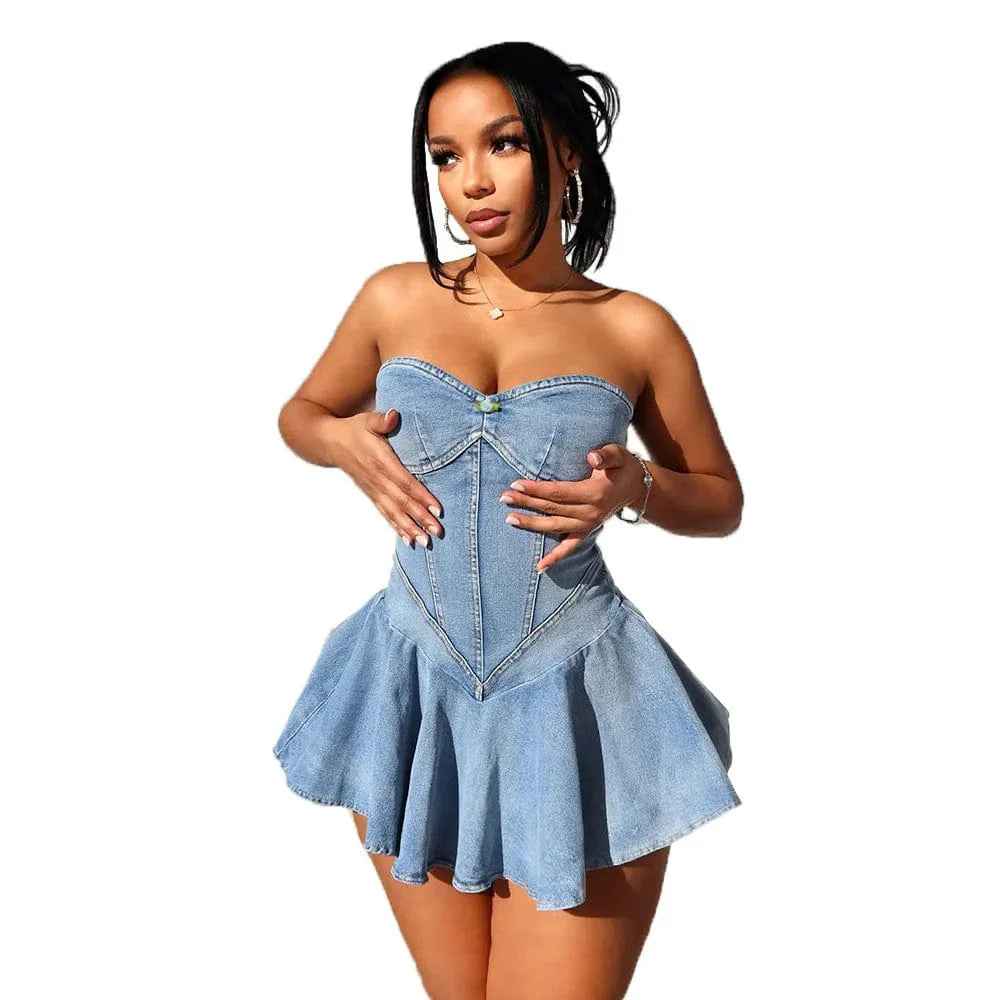 Women's backless ruffle denim mini dress by SHOWLU FASHION STORE, featuring a sexy blue washed stretch denim design with zipper detail.