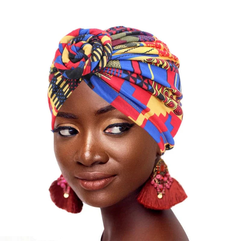 Showlu Women's Cotton Tie Turban Hat with bohemian twist, top knot style, African-inspired headwrap for women and chemo cap.