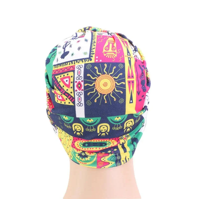 Showlu Women's cotton tie turban hat with bohemian twist, top knot style, African-inspired headwrap for women and chemo cap use.
