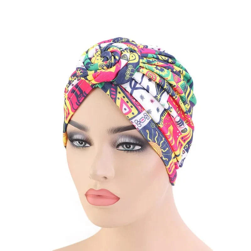 Women wearing Showlu Women's Cotton Tie Turban Hat with bohemian twist, styled as a fashionable headwrap and chemo cap.