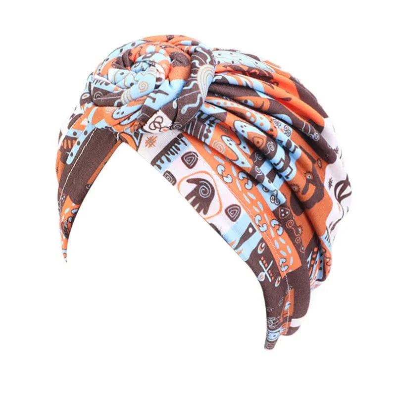 Women wearing Showlu Women's Cotton Tie Turban Hat, bohemian-style cotton headwrap with a top knot and African twist design.