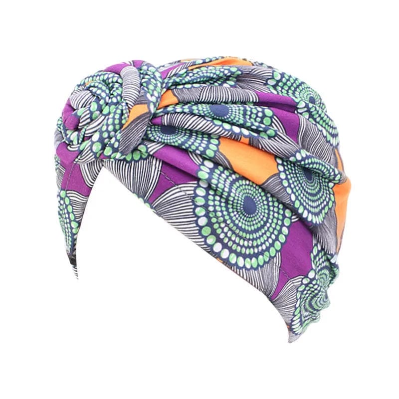 Showlu Women's cotton tie turban hat with bohemian twist, top knot style, ideal as a headwrap or chemo cap for women.