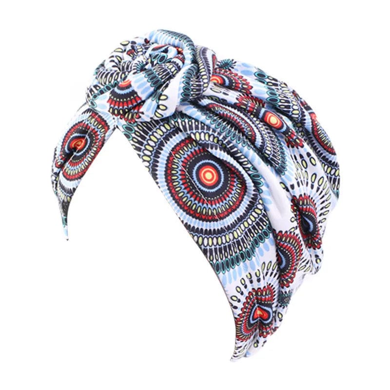 Women's cotton tie turban hat by Showlu Fashion, bohemian style headwrap with top knot and African twist design.