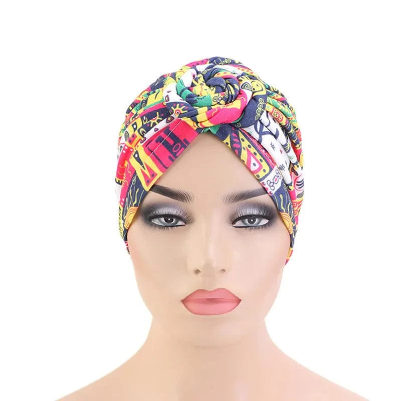 Showlu Women's Cotton Tie Turban Hat with bohemian twist, top knot style, African-inspired headwrap and chemo cap for ladies.