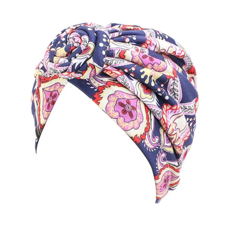 Showlu women's cotton tie turban hat with bohemian twist, top knot style, African-inspired headwrap for women’s hair and chemo cap.