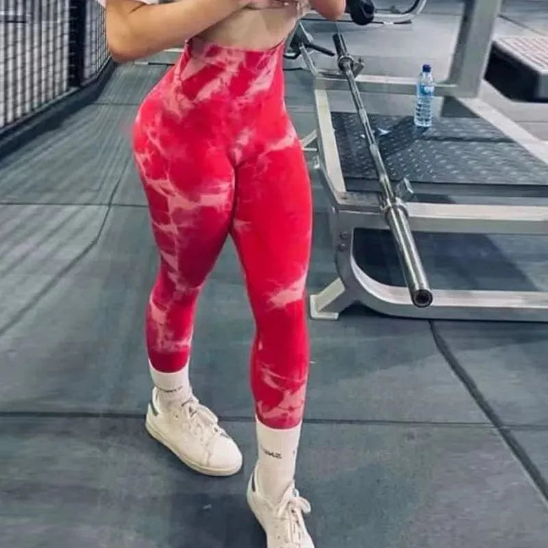 Women wearing Caeruleus women's tie-dye seamless gym leggings by Showlu Fashion, high waist yoga pants with push-up and scrunch features.
