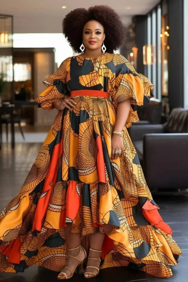 Women Vintage Dress Plus Size Ruffle Sleeve Round Neck Print Double Layer A - Line Asymmetric Hem High Waist Elegant Long Dress - SHOWLU FASHION STORE
