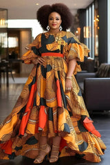 Women Vintage Dress Plus Size Ruffle Sleeve Round Neck Print Double Layer A - Line Asymmetric Hem High Waist Elegant Long Dress - SHOWLU FASHION STORE