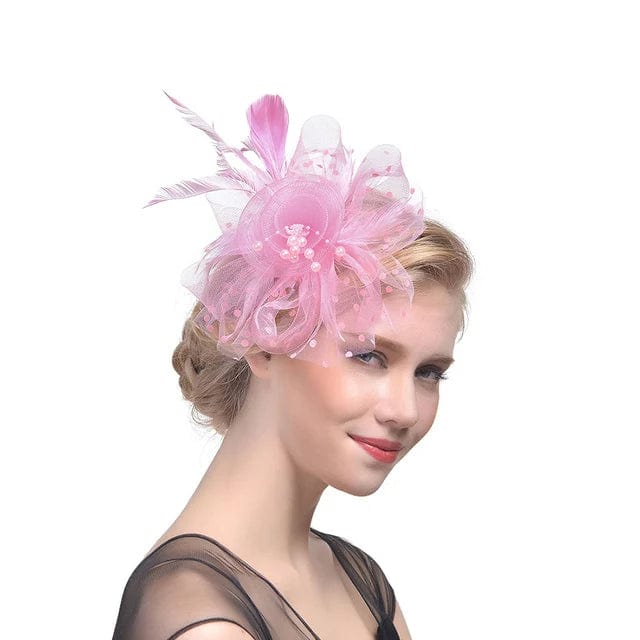 Showlu Women's mesh flower fascinator hat with feather details, ideal for wedding and party headwear, stylish and elegant.