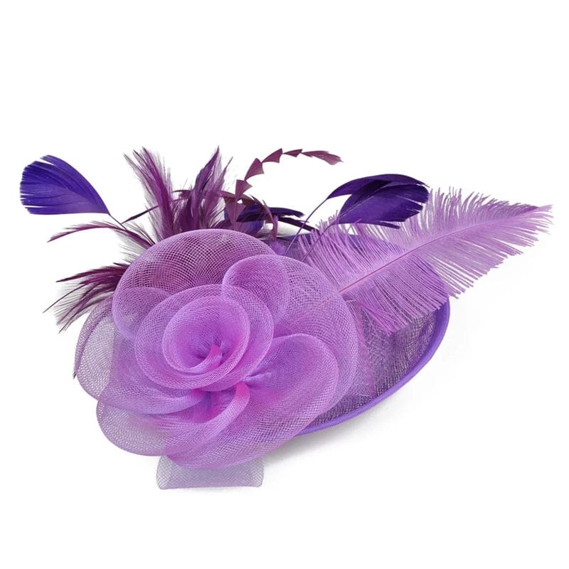 Women’s Showlu mesh flower fascinator hat with feather details, perfect for wedding or party headwear.