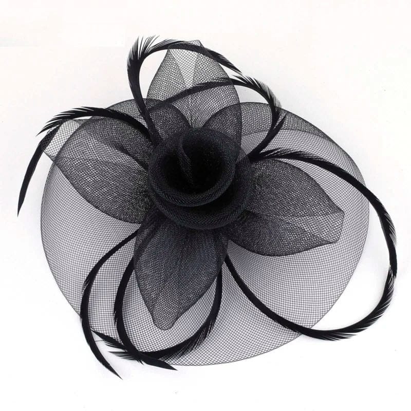 Showlu Women's mesh flower fascinator hat with feather details, perfect for wedding or party headwear, stylish and elegant.