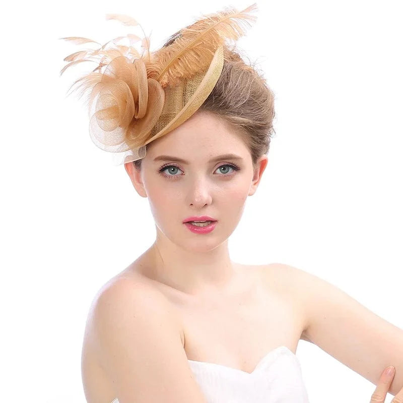 Showlu Women's Mesh Flower Fascinator Hat with feather accents, ideal for wedding or party headwear, stylish and elegant.
