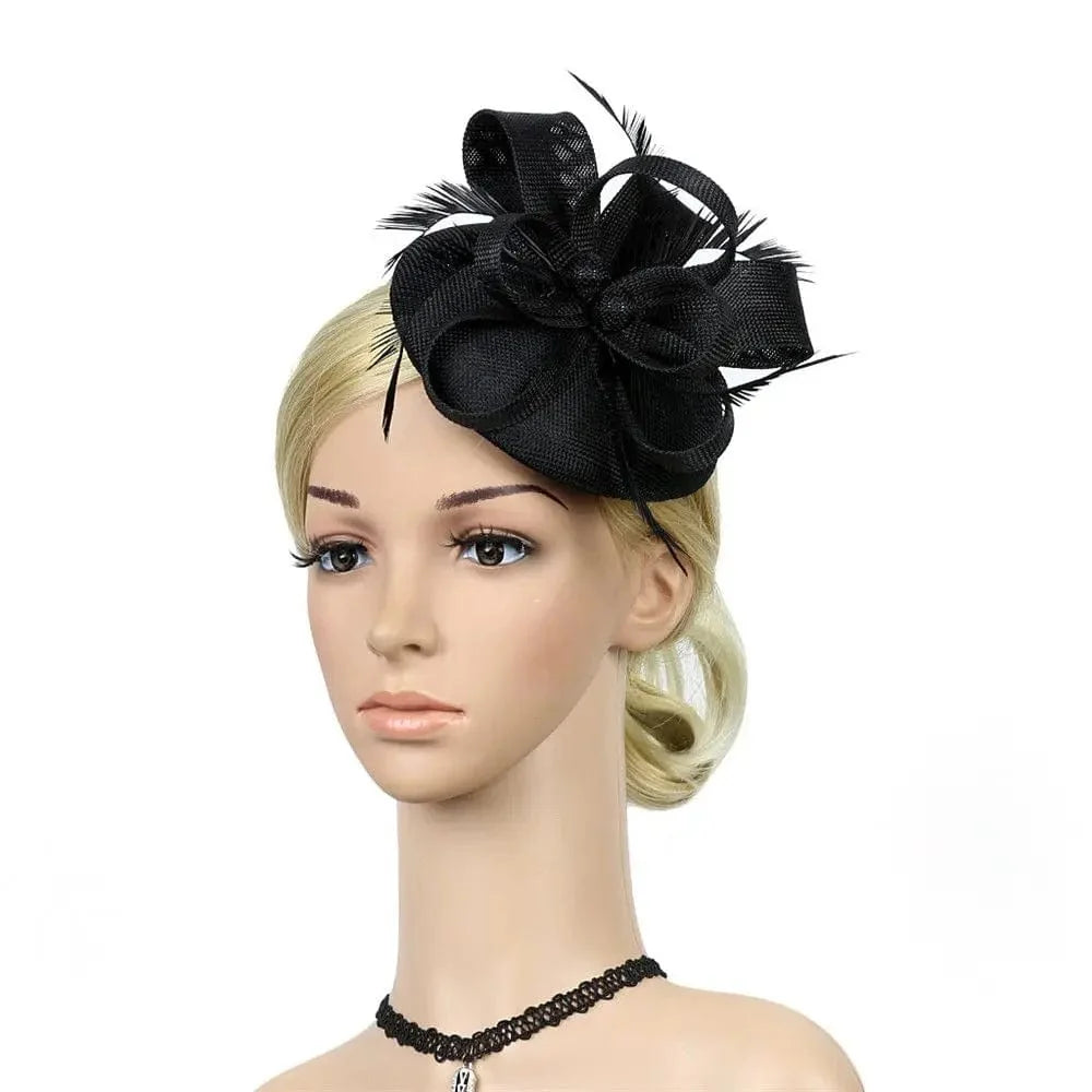 Showlu women's mesh flower fascinator hat with feathers, suitable for wedding or party, stylish headband accessory for women