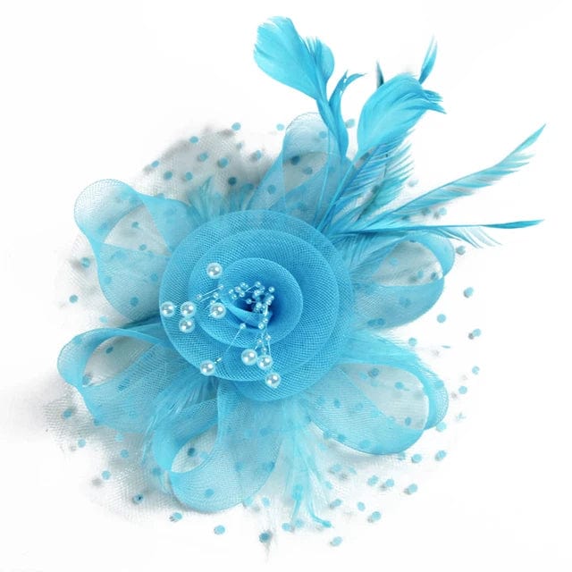 Showlu women's mesh flower fascinator hat with feather details, suitable for wedding and party headwear.