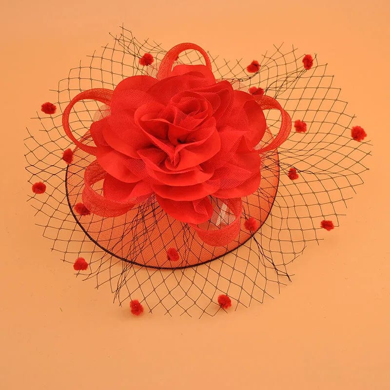 Showlu Women's Mesh Flower Fascinator Hat with feather accents, suitable for wedding and party headwear, elegant evening accessory.