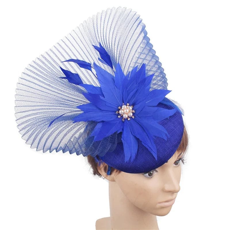 Women’s mesh flower fascinator hat by Showlu, featuring feathers and floral details for wedding or party occasions.