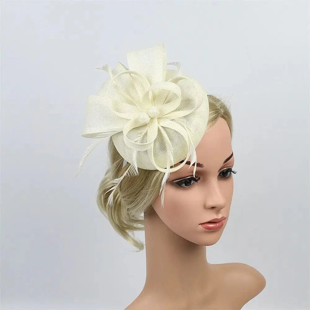 Showlu Women's mesh flower fascinator hat with feather accents, suitable for wedding and party headbands.