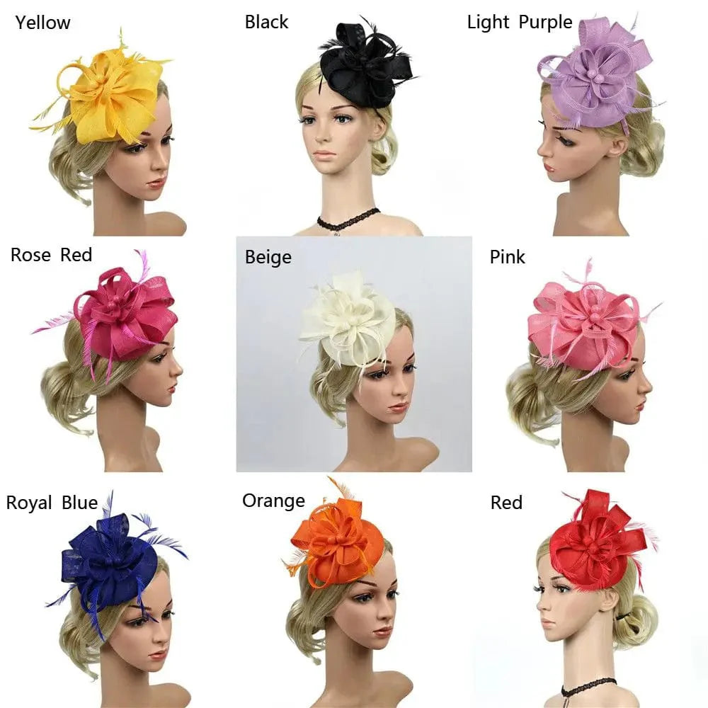 Showlu Women's Mesh Flower Fascinator Hat with feather details, perfect for wedding and party headbands.