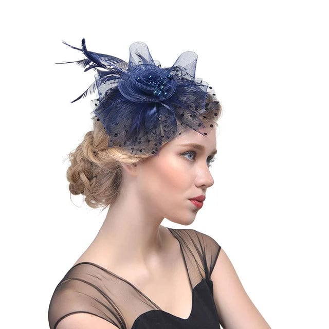 Showlu Women's mesh flower fascinator hat with feather accents, ideal for wedding or party headbands and elegant evening wear.
