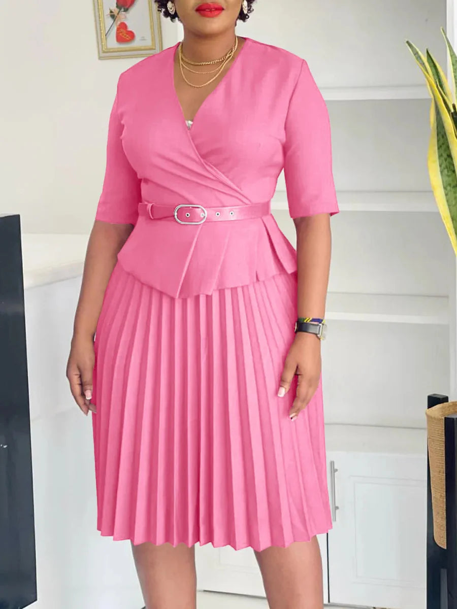 Plus size women's V-neck pleated summer dress by SHOWLU FASHION, featuring a stylish office lady look and comfortable fit.
