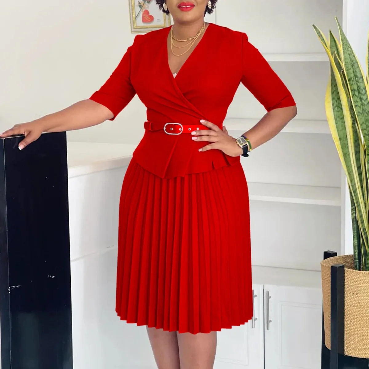 Plus size women's V-neck pleated summer dress by SHOWLU FASHION STORE, stylish office lady style, perfect for warm weather.