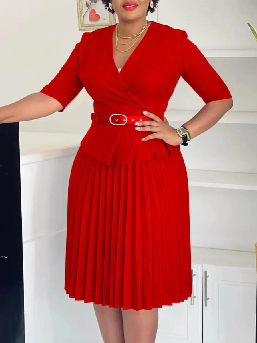 Plus size women's V-neck pleated summer dress by SHOWLU FASHION, featuring a stylish office lady style and elegant design.