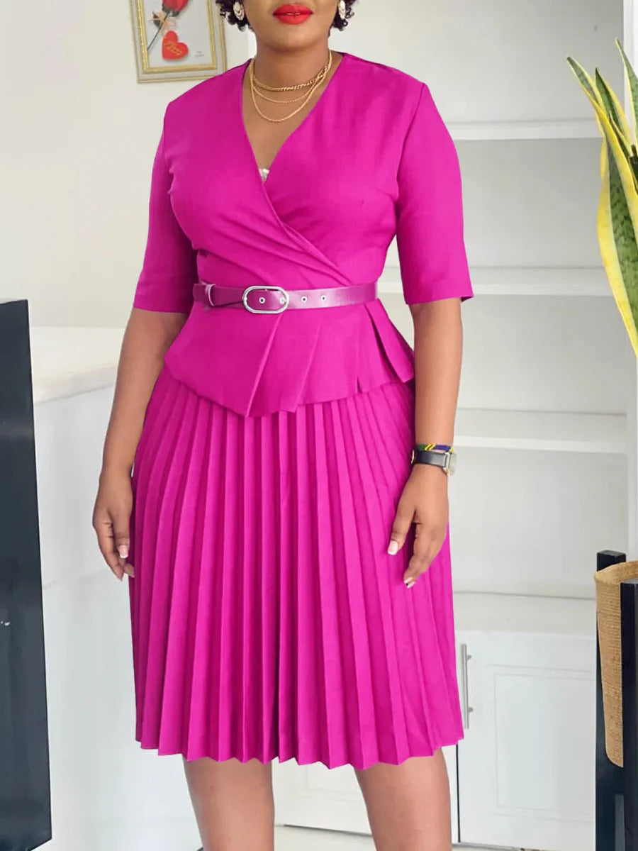 Plus size women's V-neck pleated summer dress by SHOWLU FASHION STORE, perfect for office or casual wear, stylish and comfortable.