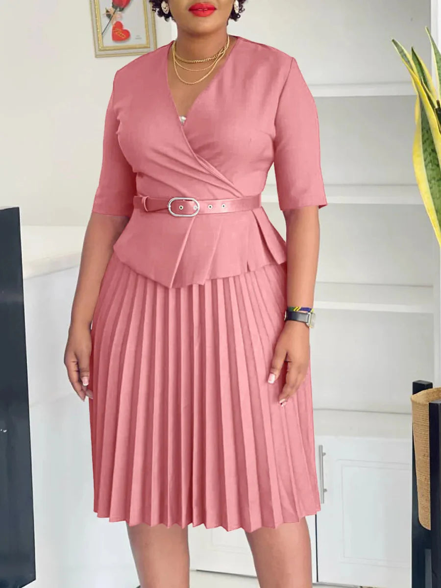 Plus size women's V-neck pleated summer dress by SHOWLU FASHION STORE, featuring a stylish office lady look.
