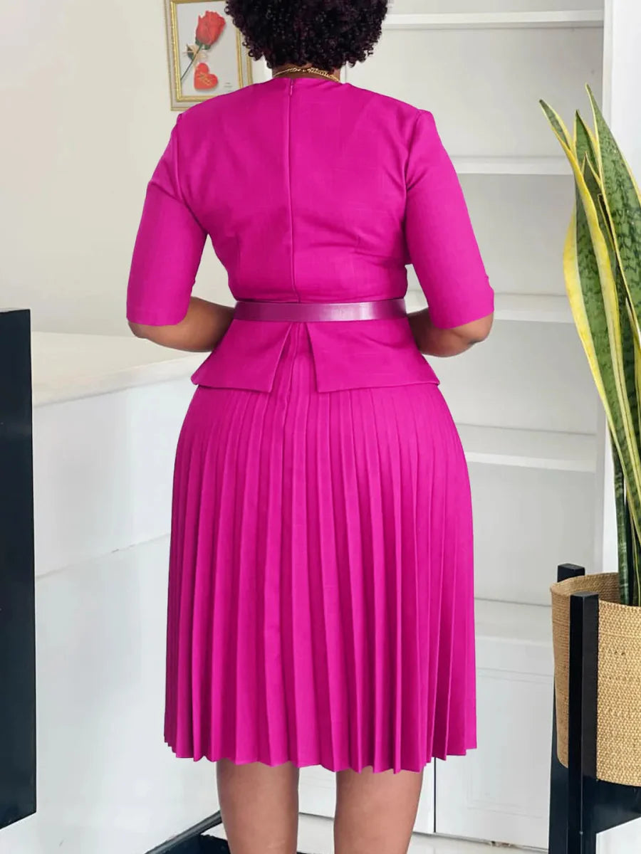 Plus size women's V-neck pleated summer dress by SHOWLU FASHION STORE, stylish office lady style with a flattering fit.
