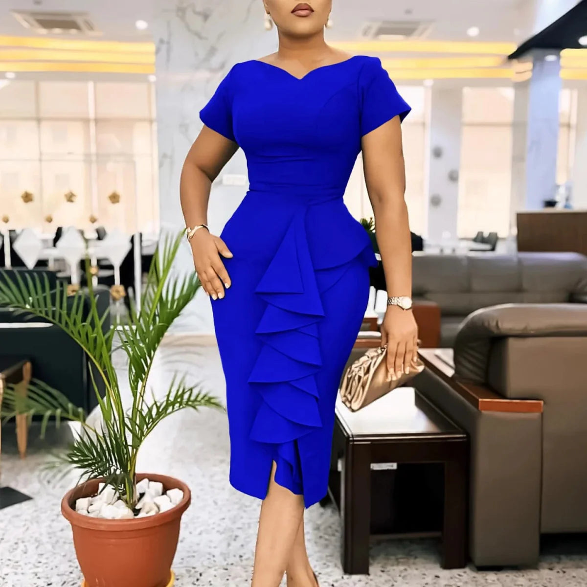 SHOWLU FASHION STORE women's V-neck short sleeve pencil dress in solid color, high-waisted summer style with ruffled details.