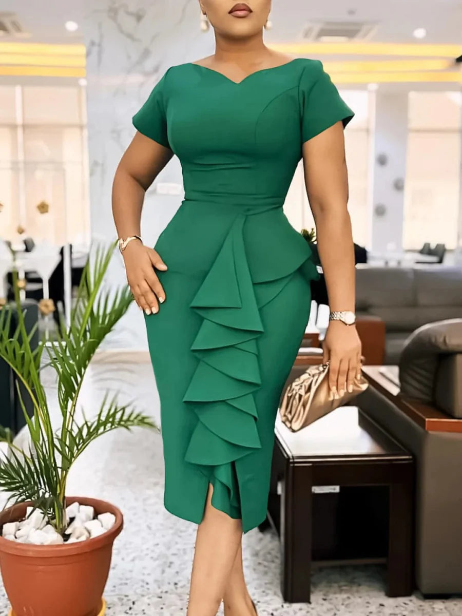 Women's V-neck short sleeve pencil dress by SHOWLU FASHION in solid color, high-waisted summer style with ruffled detail.